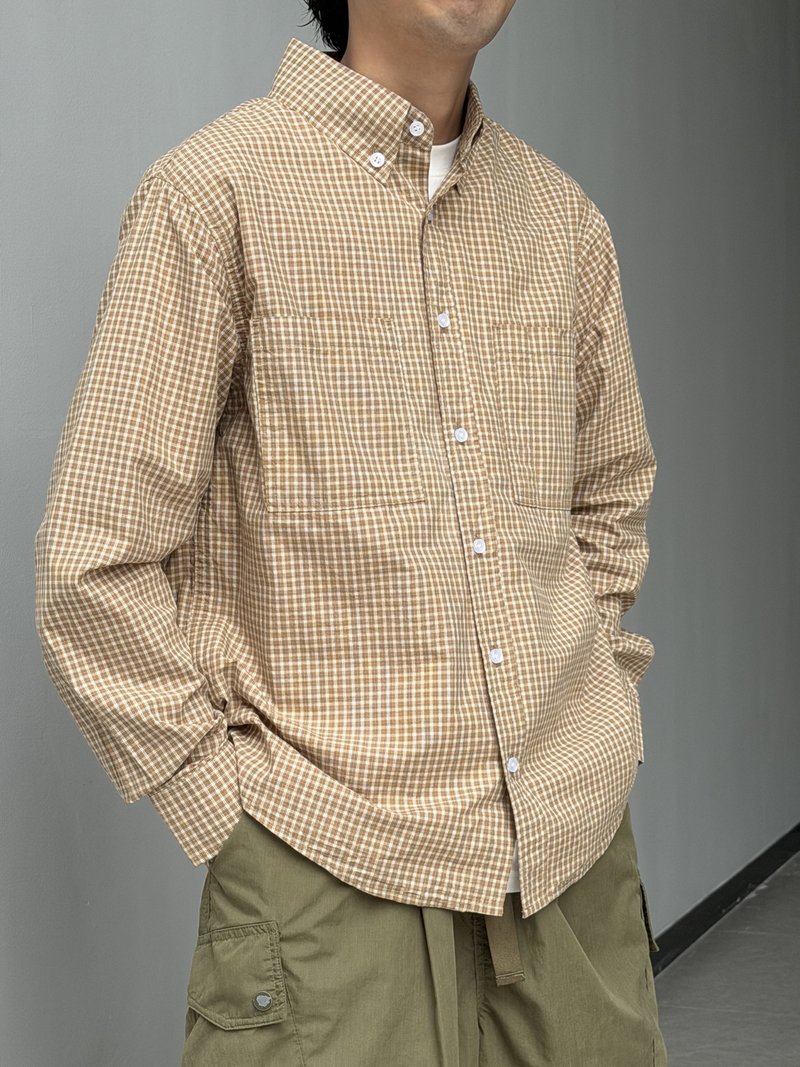 日系复古格子衬衫男 宽松休闲百搭长袖衬衣百搭基础潮流 - 男装衬衫 - 棉．麻 