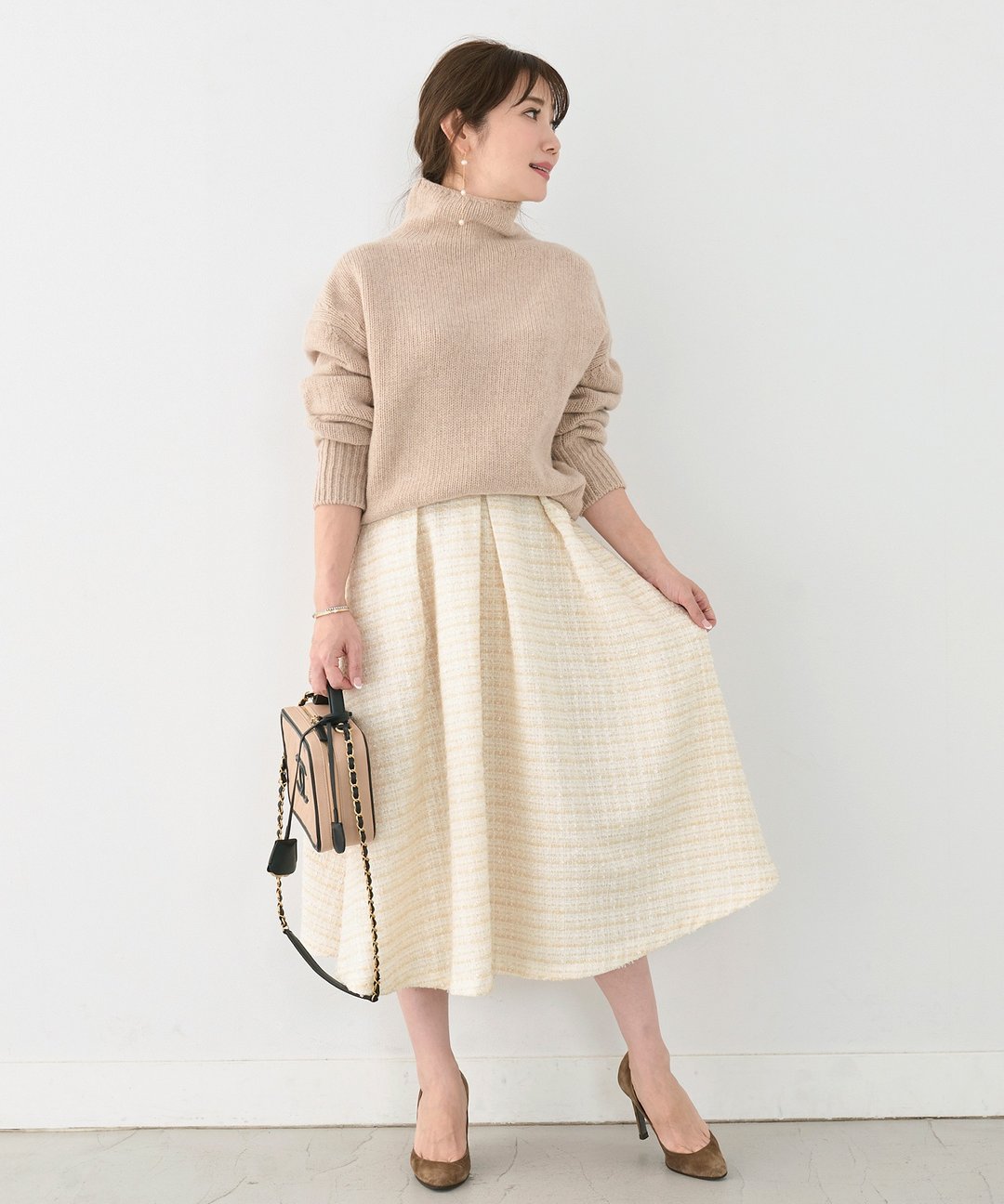 Skirt MIX Tweed material Soft silhouette / Liala x PG - 裙子 - 棉 白色