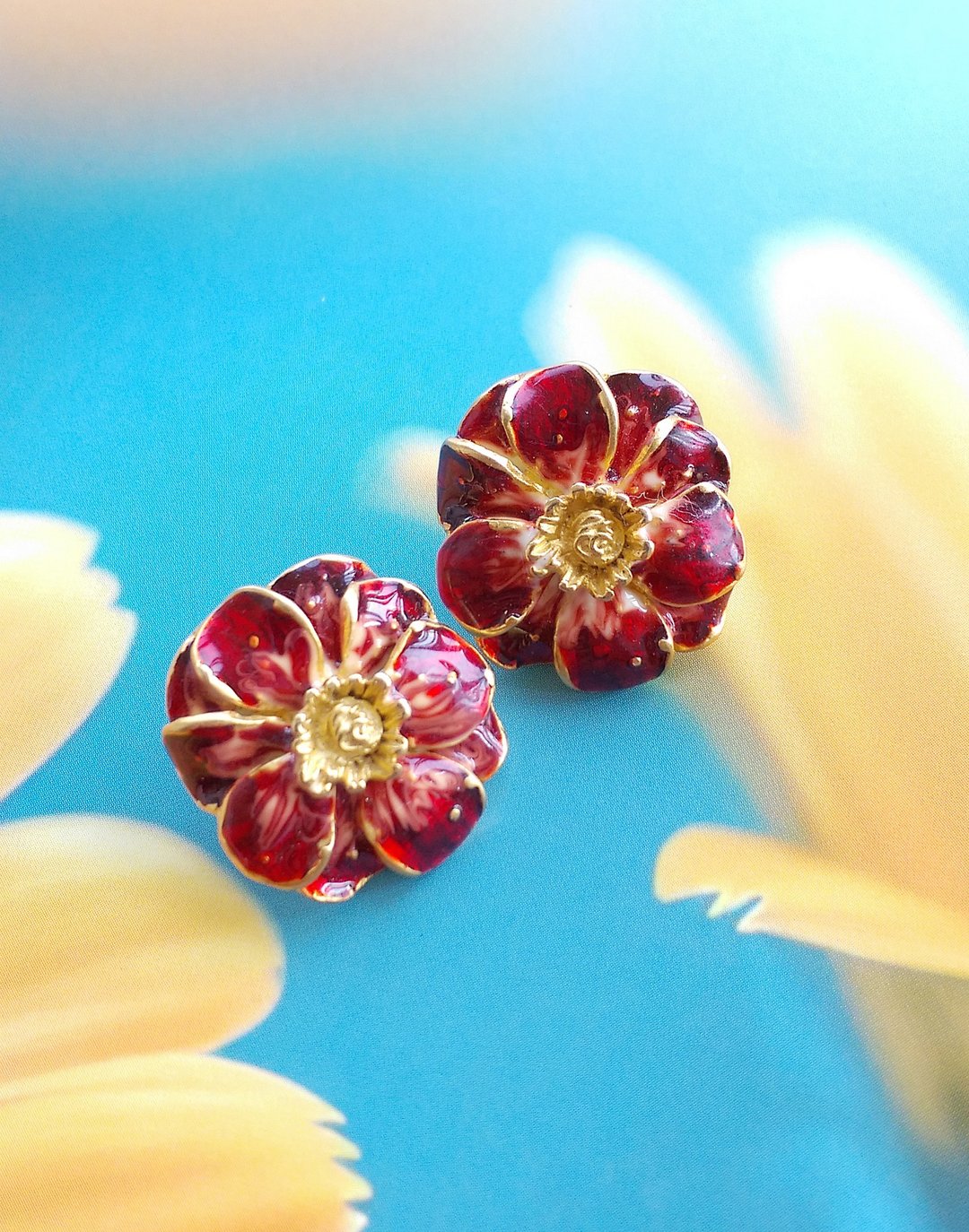 Vintage Jewelry 西洋古董饰品 红珐琅 花形 针式耳环 - 耳环/耳夹 - 其他金属 透明