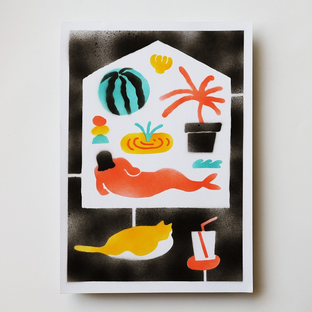 手工喷漆海报:夏天房子 - 海报/装饰画/版画 - 纸 多色