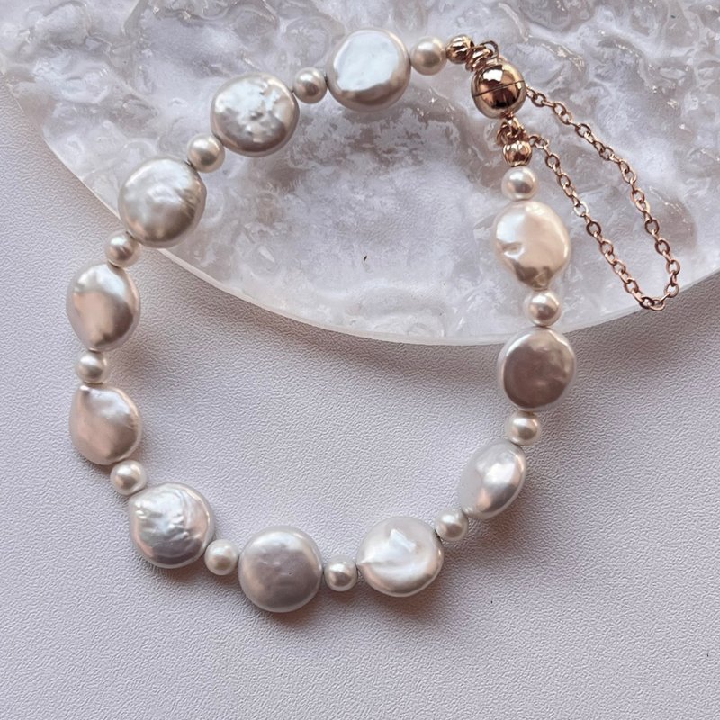 天然钱币珍珠与圆珠拼接手链 | 14K 包金磁吸扣 - 手链/手环 - 珍珠 