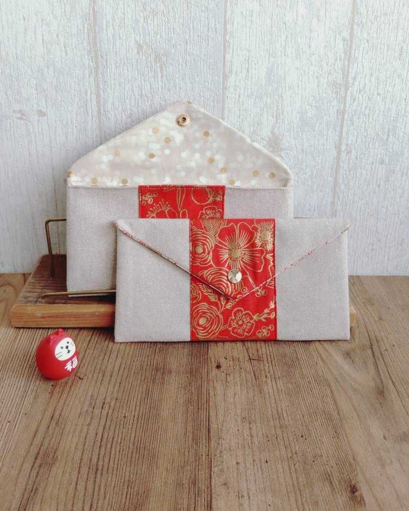 【ENT/万用红包袋】烫金花柄橘红 烫金圆点 花带腰带 法国金葱布 - 红包/春联 - 棉．麻 红色