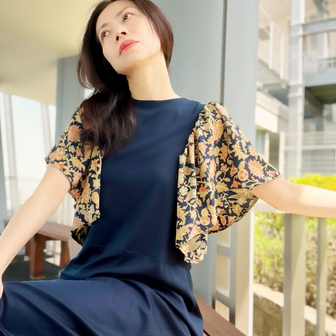 Kimono Silk & Knit Midnight forest ~vol.1 Summer dress with frill sleeves - 洋装/连衣裙 - 丝．绢 黑色