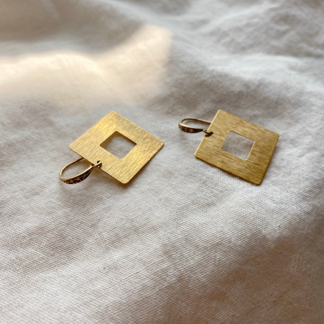 金色方方-黄铜耳环-可改夹 - 耳环/耳夹 - 铜/黄铜 金色