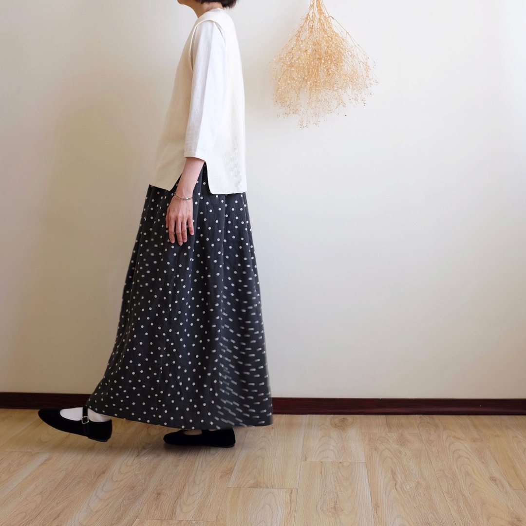 日常手作服 深深绿水玉抓皱长裙 亚麻 - 裙子 - 棉．麻 绿色