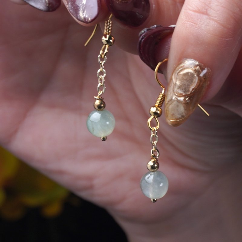 冰种翡翠圆珠耳环 14K包金 | 天然缅甸玉A货翡翠 | 送礼 - 耳环/耳夹 - 玉石 透明