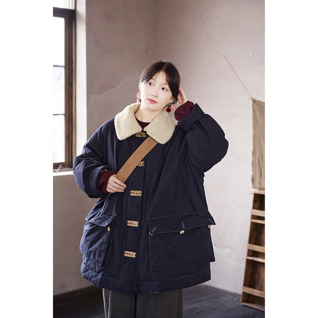 群青蓝复古重磅加厚保暖大翻领长款工装羽绒服 - 女装休闲/机能外套 - 棉．麻 