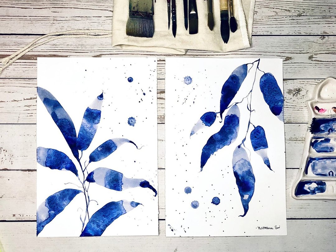 Blue Leaves painting Floral Original Art Minimal artwork Home Decor Wall Art Set - 墙贴/壁贴 - 纸 蓝色