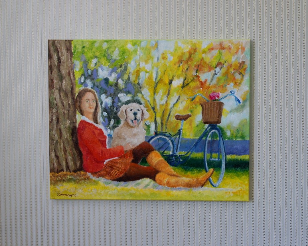 Girl in Red Jacket Original Art Oil Painting Wall Decor Girl Dog - 海报/装饰画/版画 - 其他材质 多色