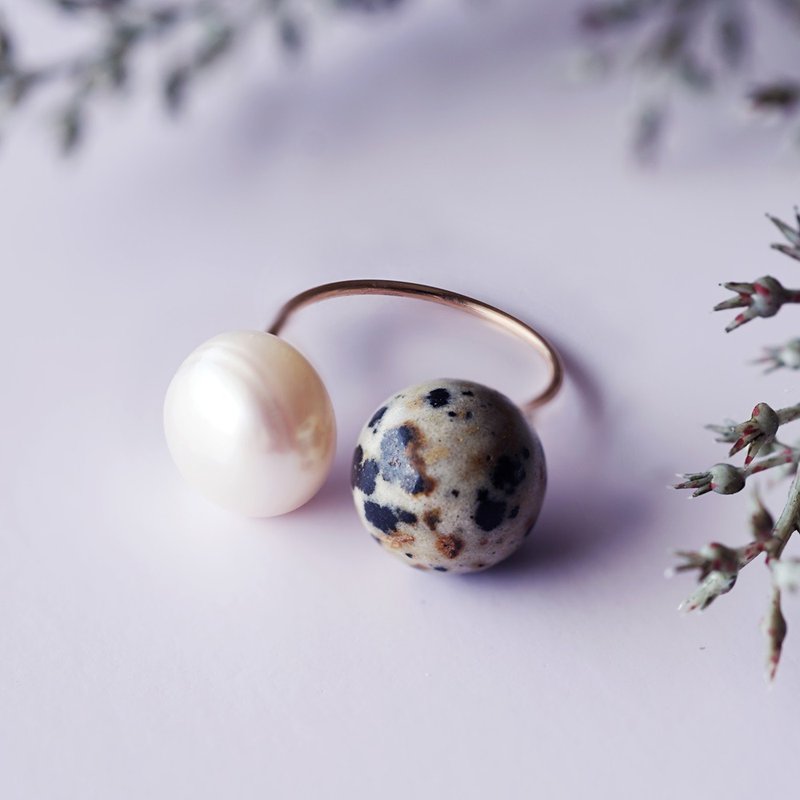 14KGF 斑点狗碧玉和珍珠民间戒指丝绸和斑点狗 - 戒指 - 宝石 多色