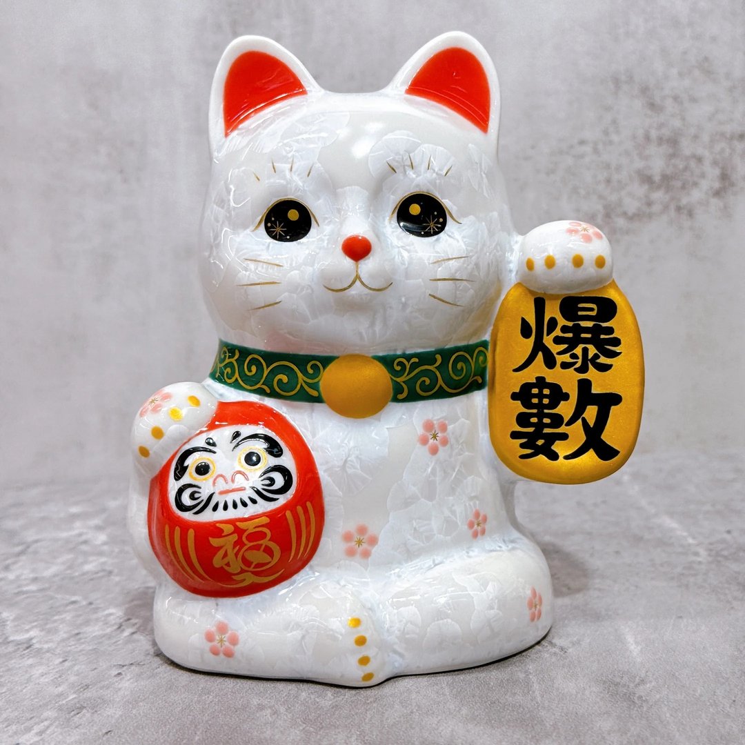 【花耀福猫】日本清水烧招财猫 | 达摩 花结晶 白 爆数 - 摆饰 - 瓷 白色