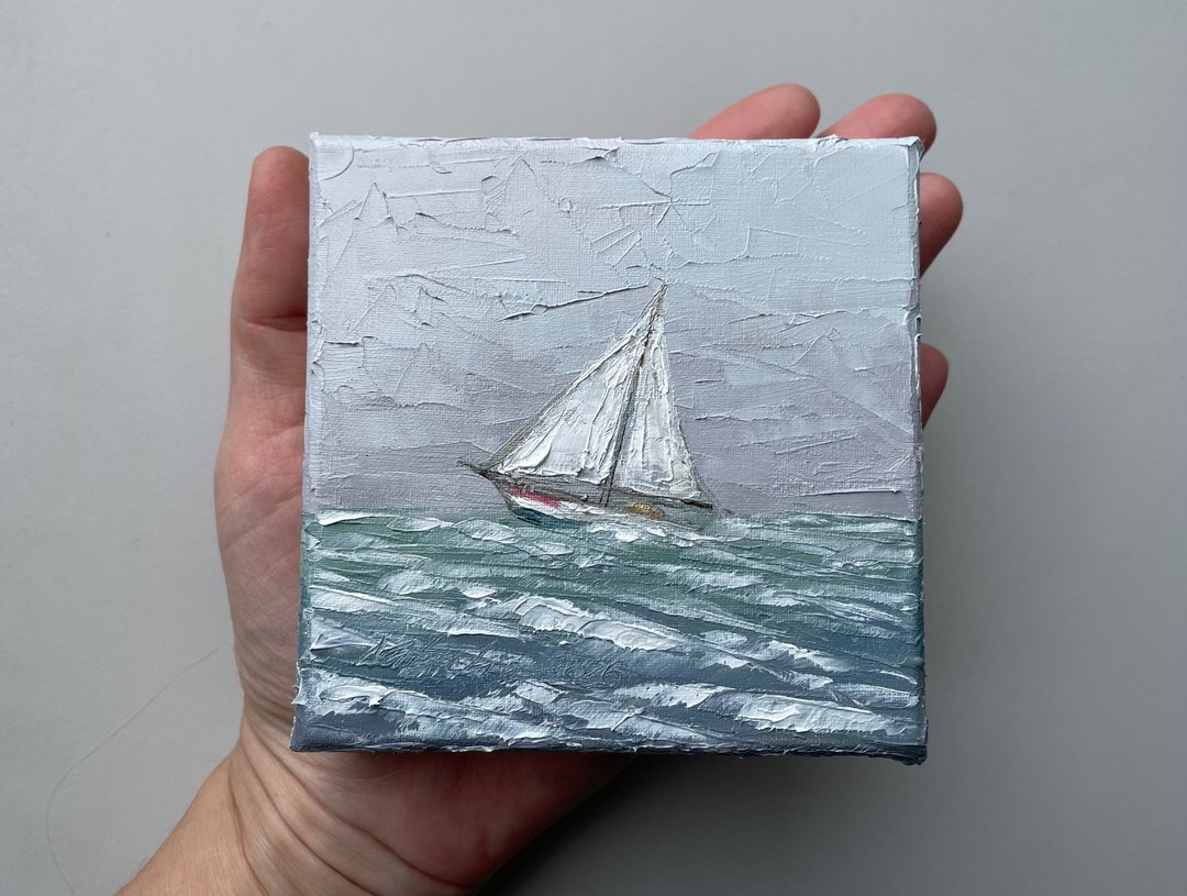 帆船油画：原创微型海景画作 - 墙贴/壁贴 - 棉 灰色