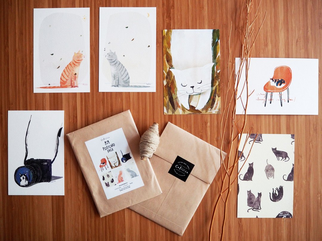 猫咪插画明信片 6入组 4x6英寸 PS003 - 卡片/明信片 - 纸 粉红色