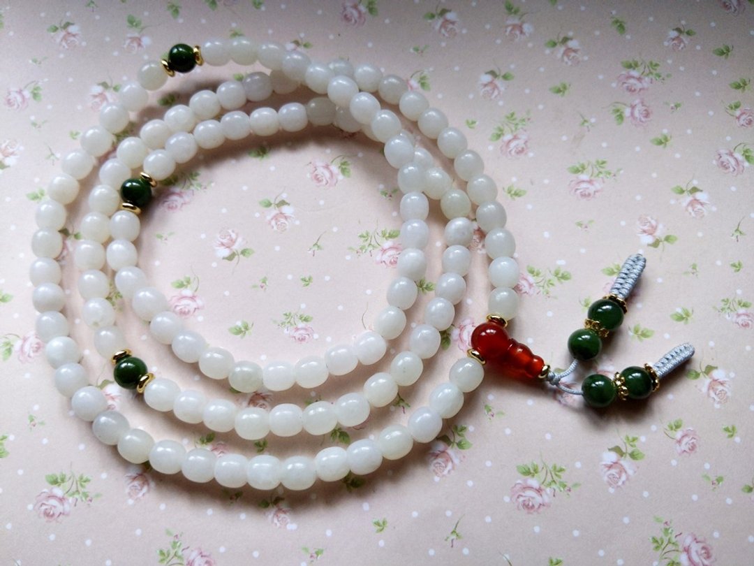 ORLI Jewelry 天然新疆和阗玉籽料白玉小桶珠108颗念珠 白玉籽料 - 项链 - 宝石 白色
