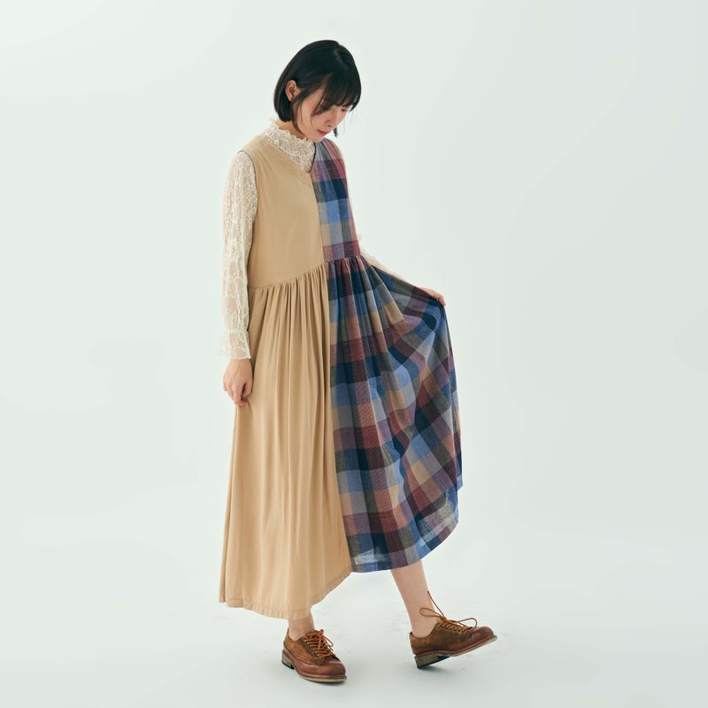 春季新品|杏色格子|棉質V領自|口袋連衣裙|寬鬆洋裝|舒適約會長裙 - 洋装/连衣裙 - 棉．麻 多色