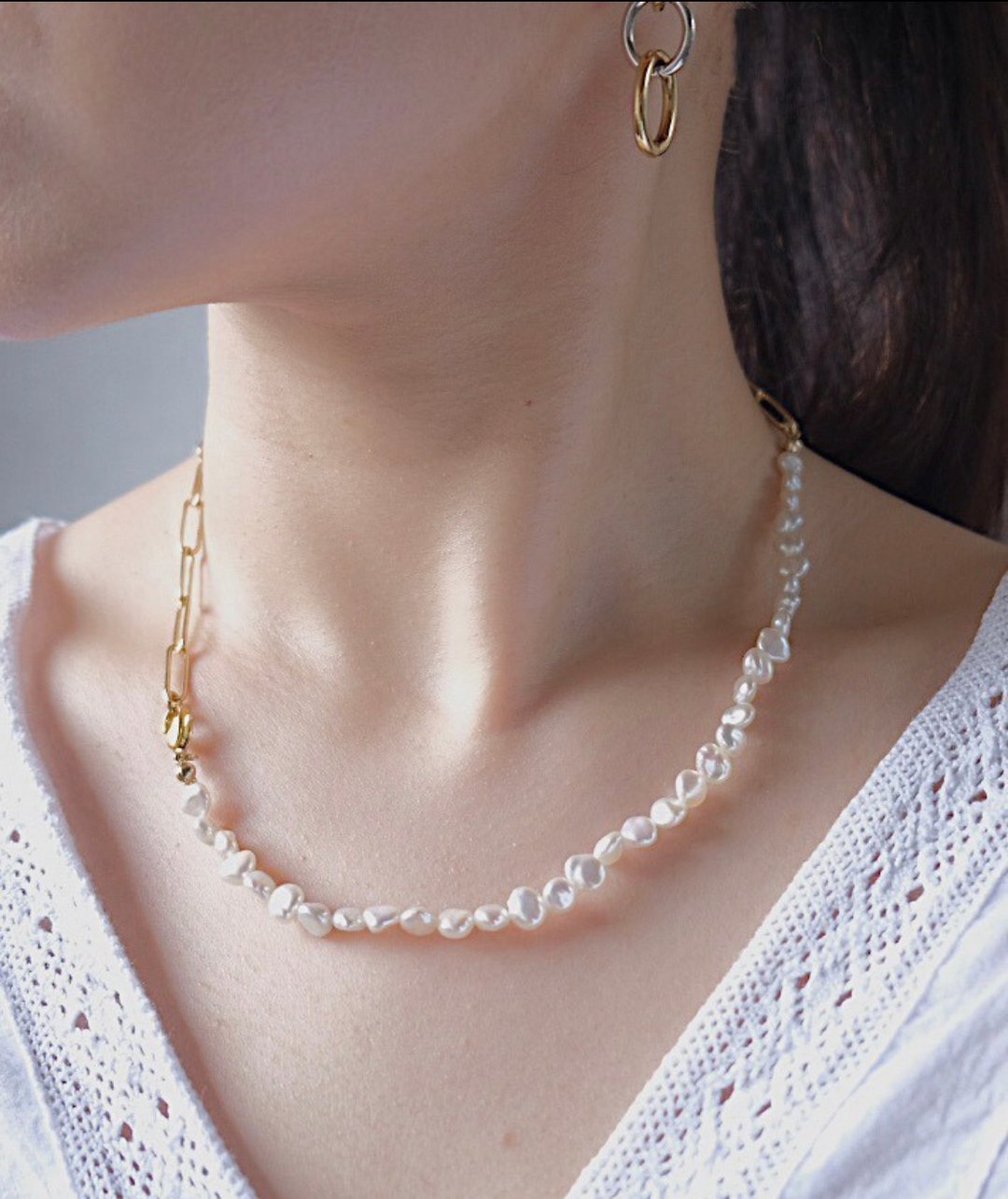 Lake Biwa freshwater pearl and chain necklace - 项链 - 珍珠 金色
