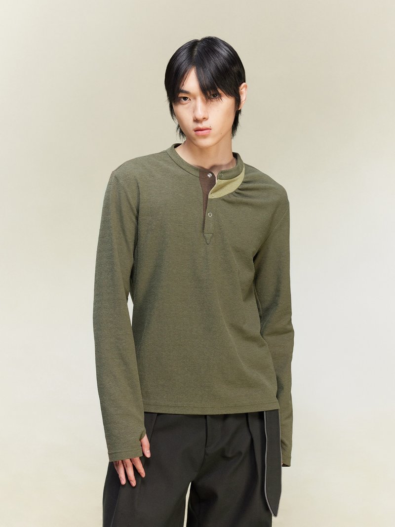 【幻】梦境碎褶肌理棉/亨利领打底长袖 - 男装上衣/T 恤 - 聚酯纤维 多色