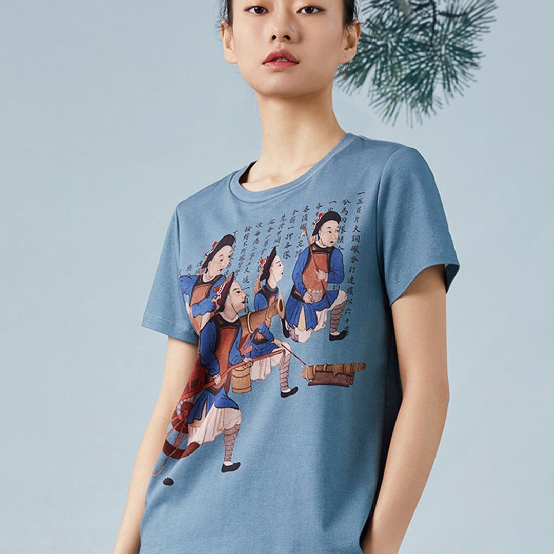 雙色兵法人物印花T恤 / 中國風純棉短袖 / 復古藝術圓領上衣 - 女装 T 恤 - 棉 多色