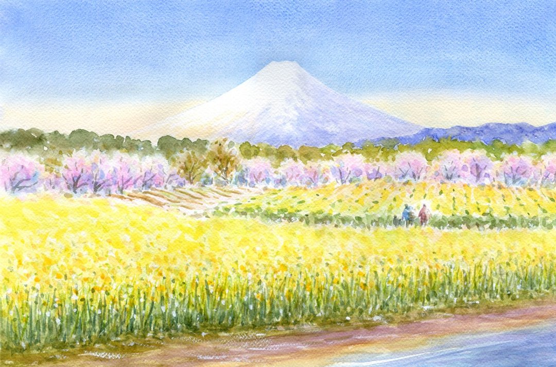 定制原创水彩画富士山与春天的风景4 - 海报/装饰画/版画 - 纸 黄色