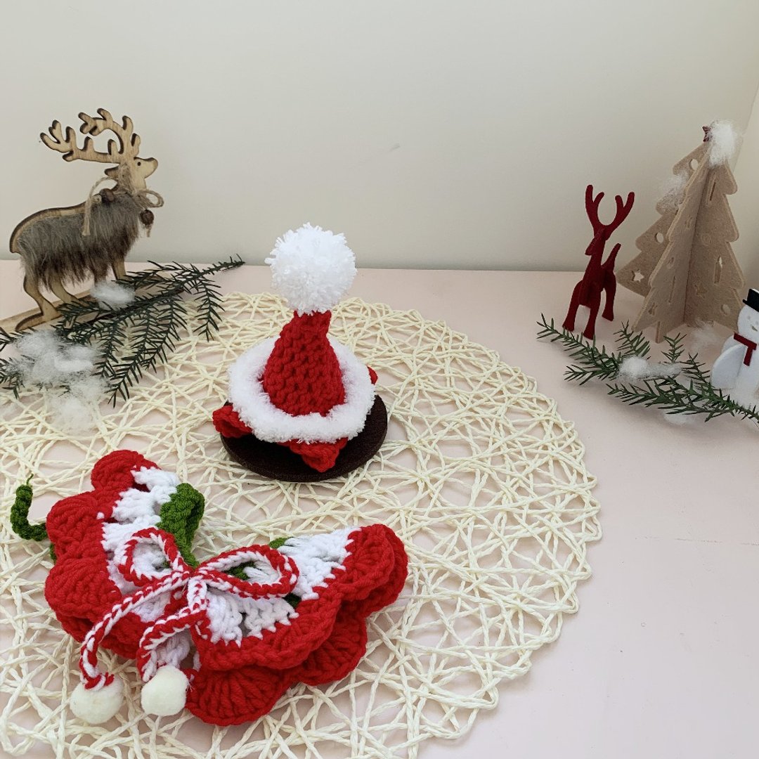 Christmas圣诞限定-小淑女.精灵帽/宠物帽子/猫咪狗狗帽子领巾 - 衣/帽 - 棉 红色