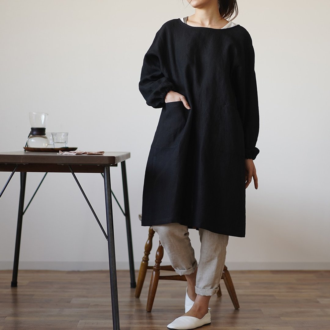 wafu --Ama 围 裙 Midweight Linen Kappogi Japanese Apron / Black z005a-bck2 - 围裙 - 亚麻 黑色
