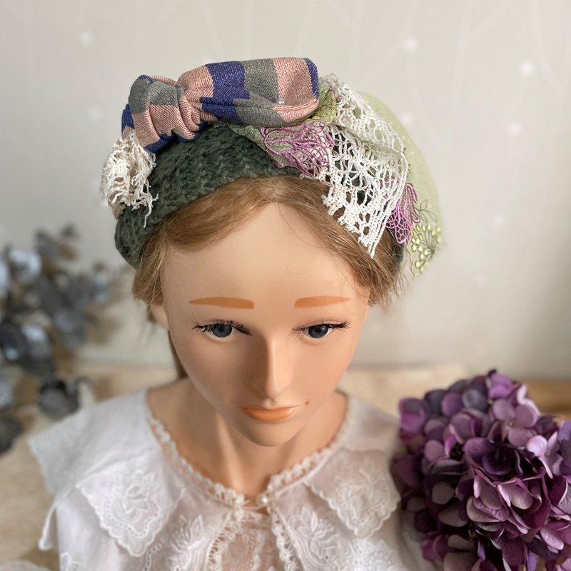 弹性编织发带/ 日系蕾丝围脖围巾头带宽版毛线头巾双蝴蝶结发饰 - 发带/发箍 - 其他材质 绿色