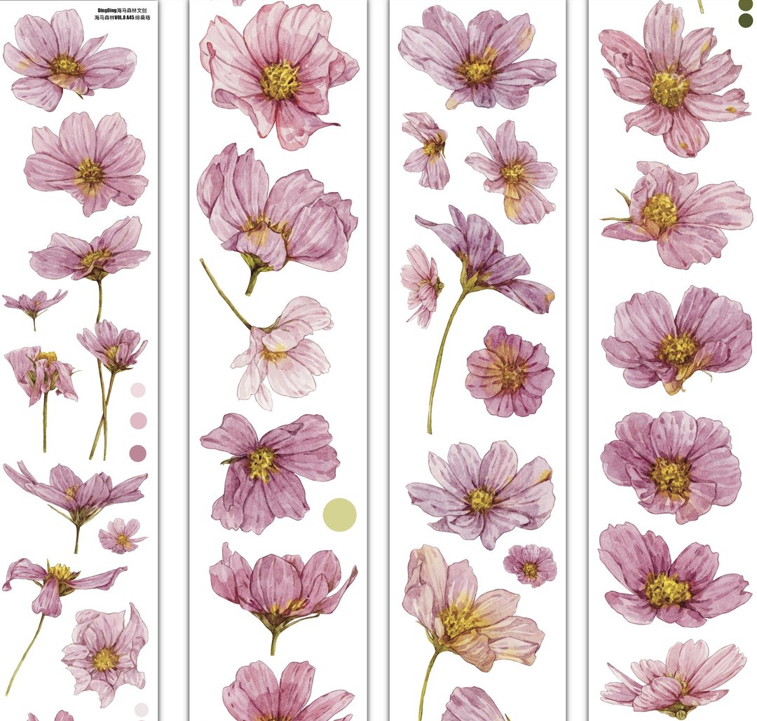 緋桑珞 手描き秋桜 ピンク紫 PET 割型貼紙 和紙膠帶 (kiss-cut) - 纸胶带 - 其他材质 紫色