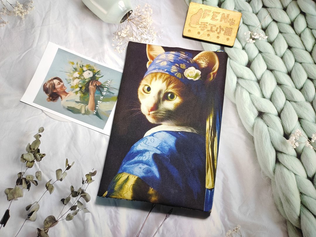 猫咪系列-薄棉布油画风大图头巾猫少女布书套-布书衣适用A5-25K - 书衣/书套 - 棉．麻 