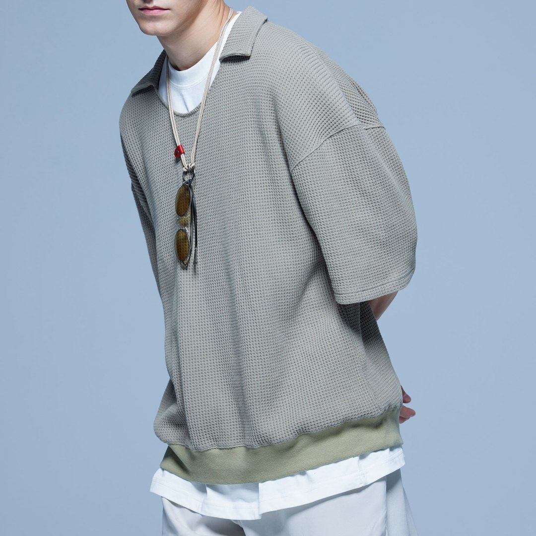 Stone As Textured Polo Shirt With Waffle / 松饼格上衣 - 男装上衣/T 恤 - 棉 卡其色