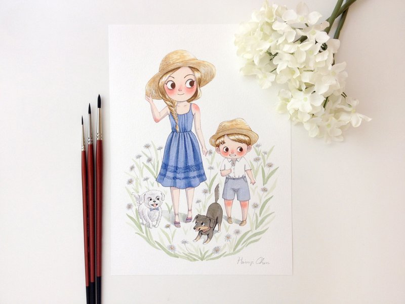 水彩插画定制画像 - 情侣 结婚 家庭 宠物 儿童 手绘定制化画像 - 海报/装饰画/版画 - 纸 多色