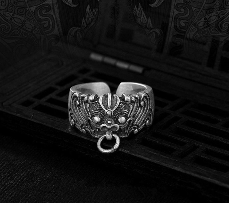 S 990 Fine Silver Engraved Ancient Animal Finger Ring Cool Guys Vulcanized Demon - 戒指 - 银 银色