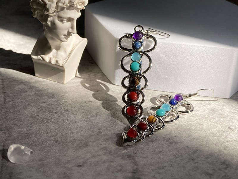 【双蛇杖。七脉轮耳环】14K白金耳勾、七色天然石、耳饰 - 耳环/耳夹 - 其他材质 多色