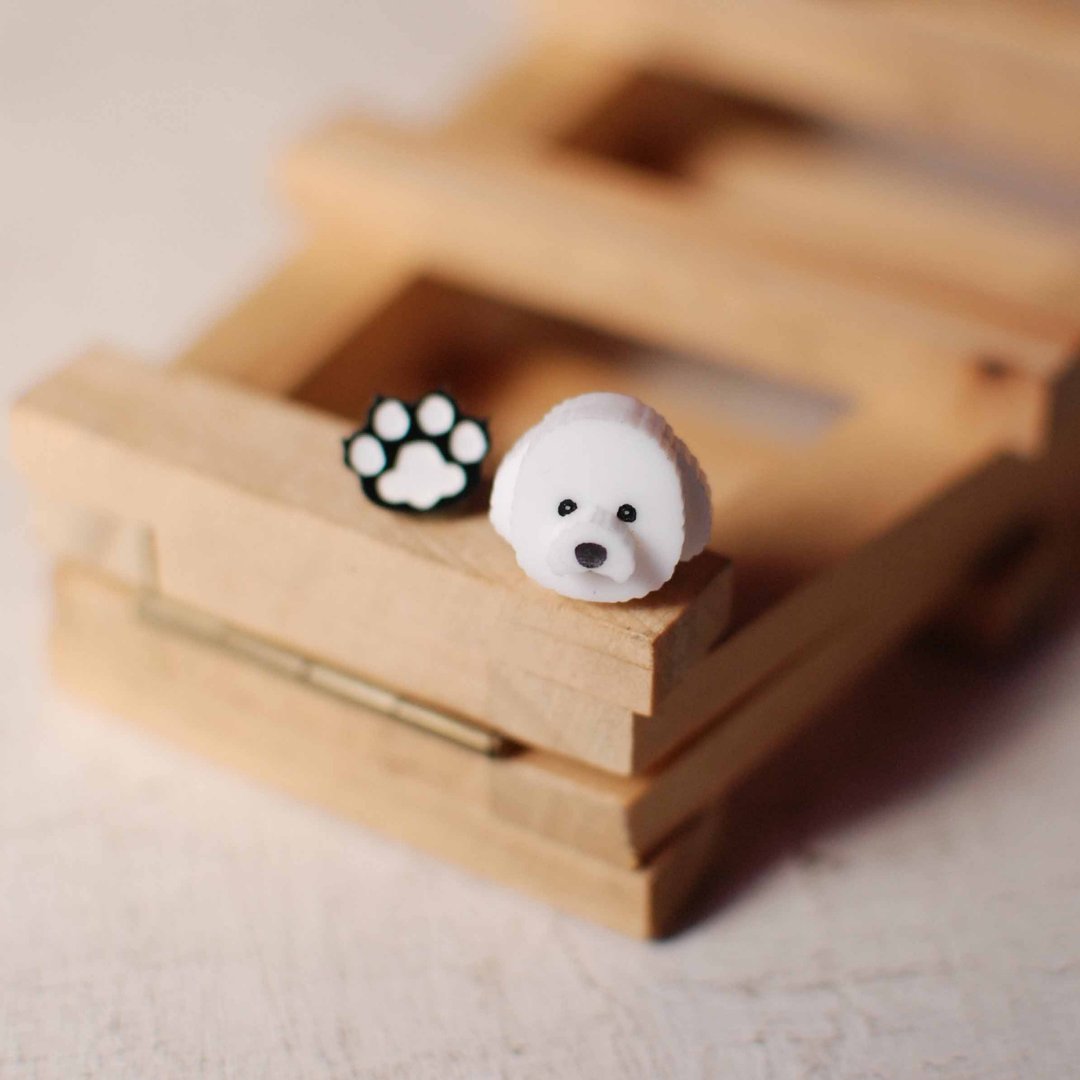 比熊犬/抗过敏钢针/可改夹式 - 耳环/耳夹 - 压克力 