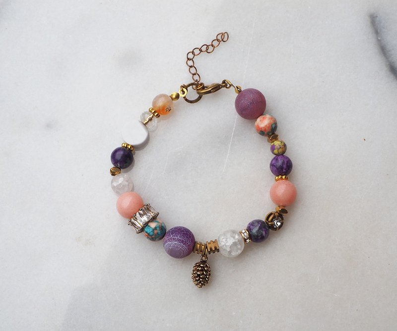 majime风化玛瑙 摩根石 滚轮锆石 松果 天然石 黄铜手链 轻珠宝 B39 - 手链/手环 - 半宝石 紫色