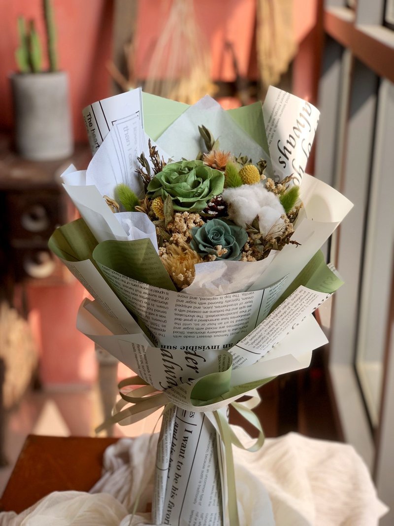 自然 不凋玫瑰花束.情人节.毕业花束.七夕.送礼.生日礼物 - 干燥花/捧花 - 植物．花 绿色