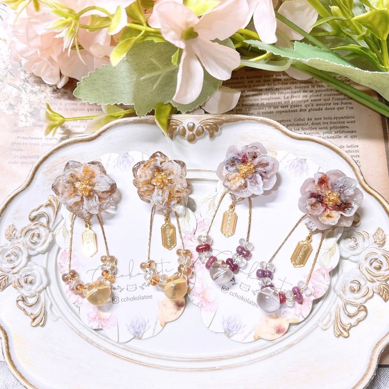 2way干花x捷克珠耳环 925/14KGP耳钉 - 耳环/耳夹 - 植物．花 多色