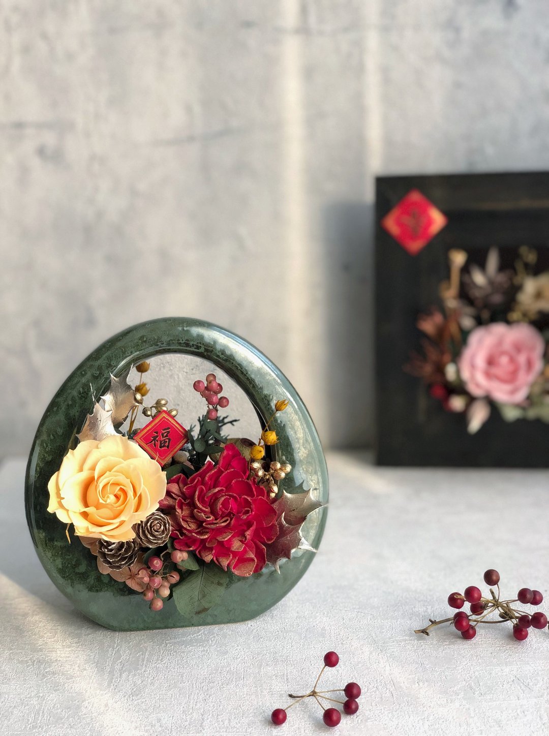 新春花礼【Happy 牛 Year】祖母绿瓷器永生桌花 - 植栽/盆栽 - 植物．花 橘色