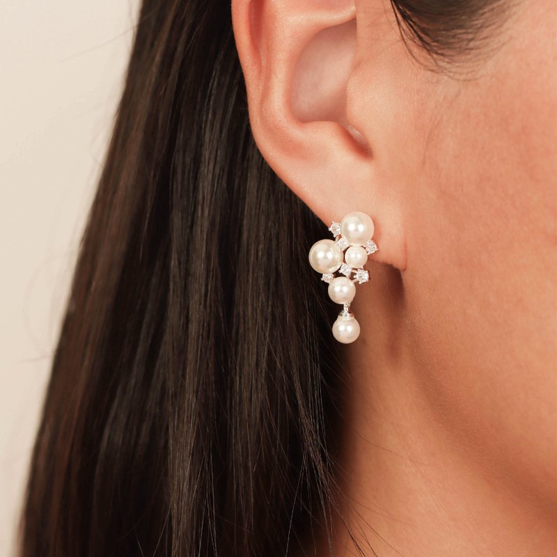 s925銀自製原創葡萄珍珠耳釘耳環 輕奢高級感耳釘耳飾 媽媽禮物 - 耳环/耳夹 - 银 金色