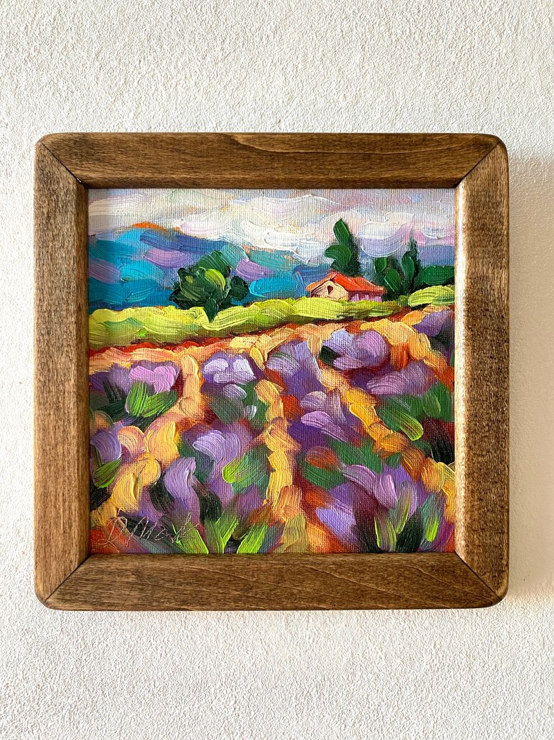 薰衣草田绘画托斯卡纳原创艺术风景油画厚涂小幅艺术品 8x8 托斯 - 墙贴/壁贴 - 木头 