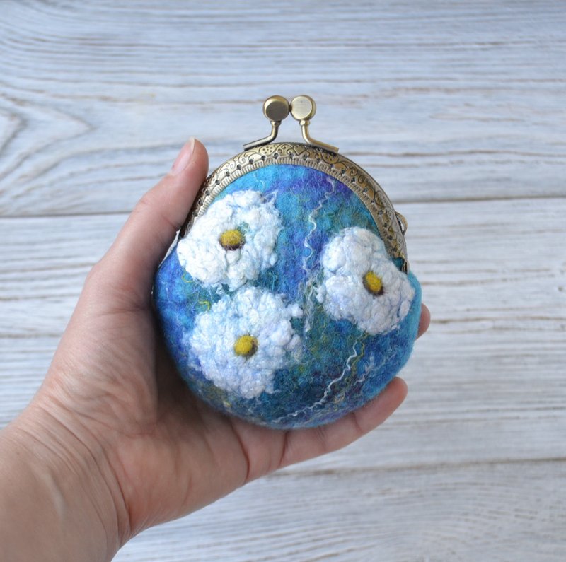 蒲公英小号蓝色零钱钱包纯素按扣零钱包女士化妆包 - 零钱包 - 羊毛 蓝色