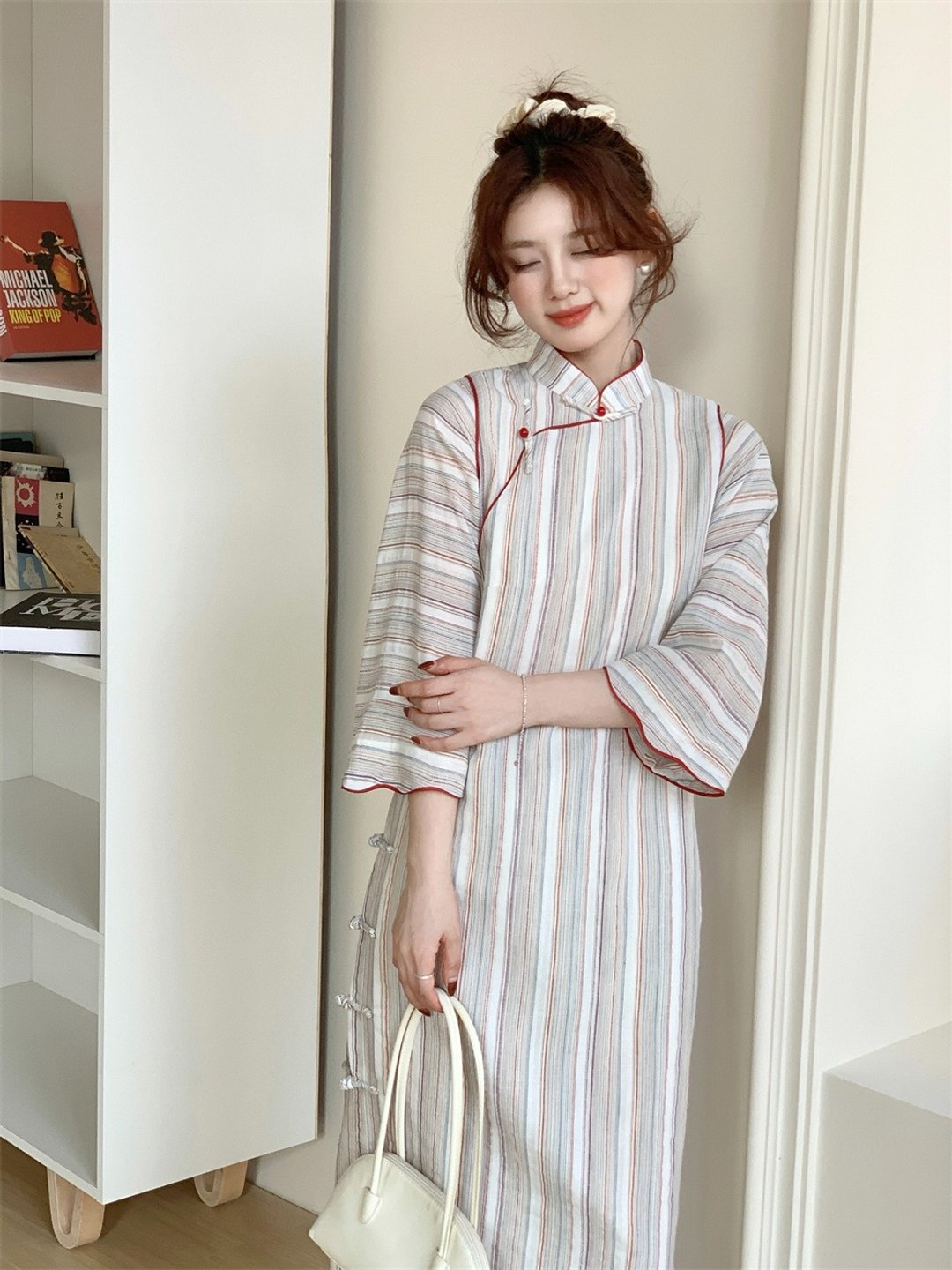 復古老棉布全開襟少女旗袍 條紋立領假兩件新中式民國風洋裝 - 旗袍 - 棉 白色