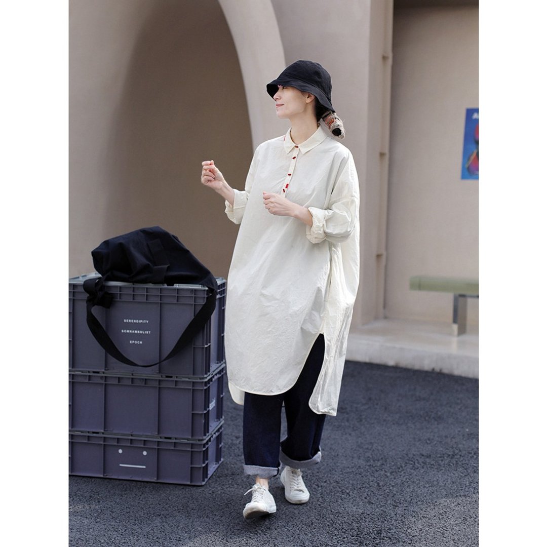 白色长款长绒棉高密小翻领大廓形宽松衬衫 - 女装衬衫 - 棉 