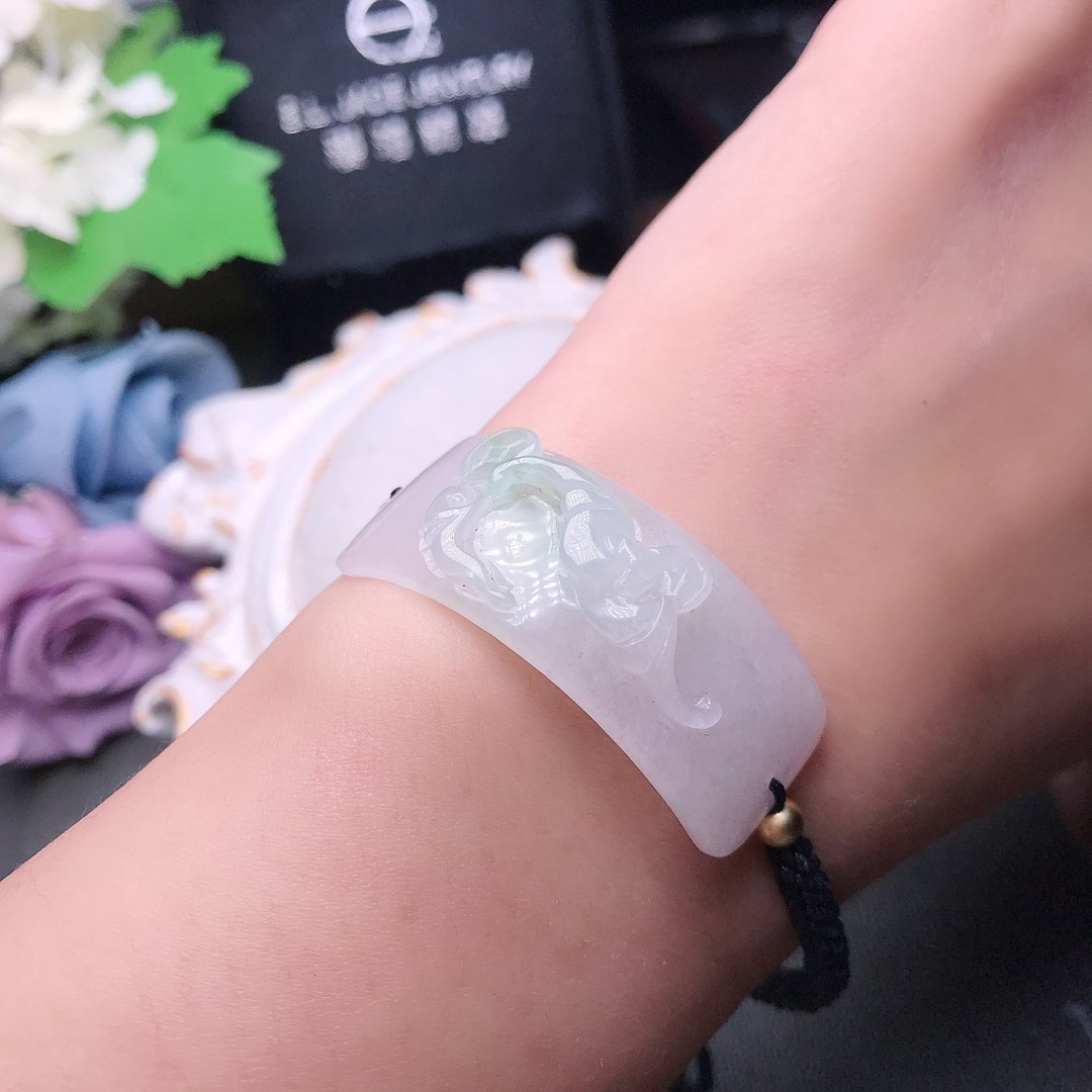 冰糯飘绿翡翠雕花手牌编织手链 | 天然缅甸玉翡翠A货 | 送礼 - 手链/手环 - 玉石 绿色