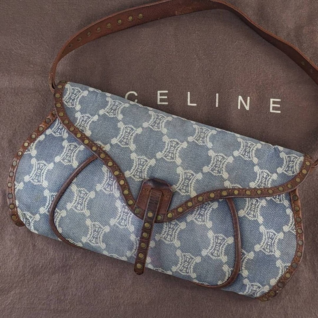 稀有中古包 Celine 牛仔老花腋下包 单肩包 侧背包 二手包 古董包 - 侧背包/斜挎包 - 真皮 蓝色