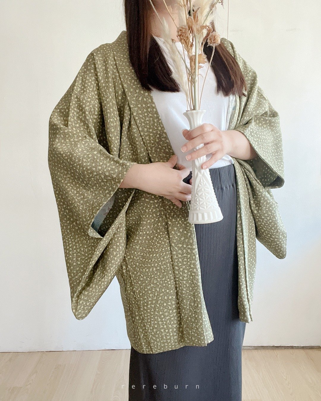 日本制和风印花绿色薄款古着羽织和服外套 - 女装休闲/机能外套 - 聚酯纤维 绿色