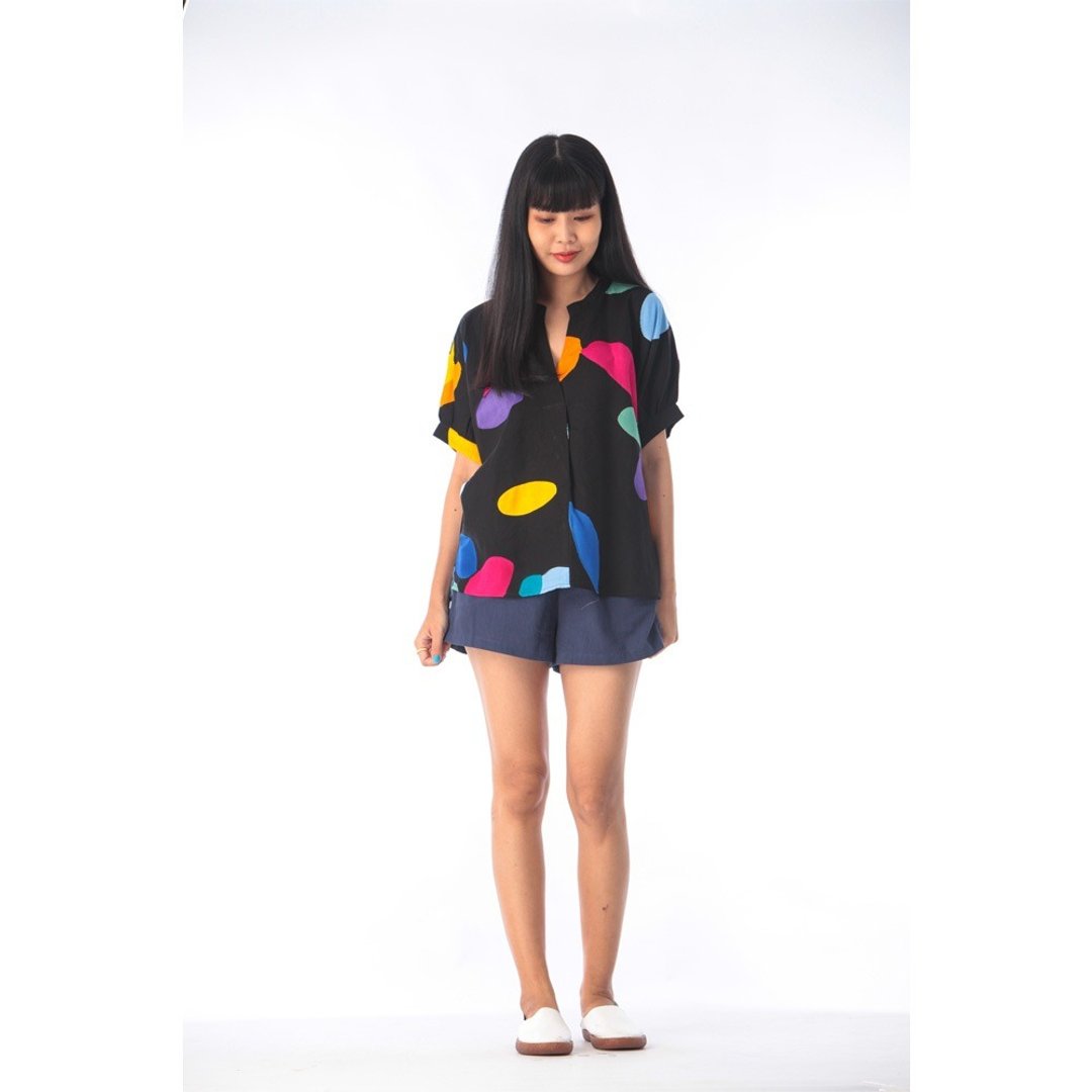 Abstract Blouse Cotton Rayon Hand Paint Free Size - 女装上衣 - 棉 黑色