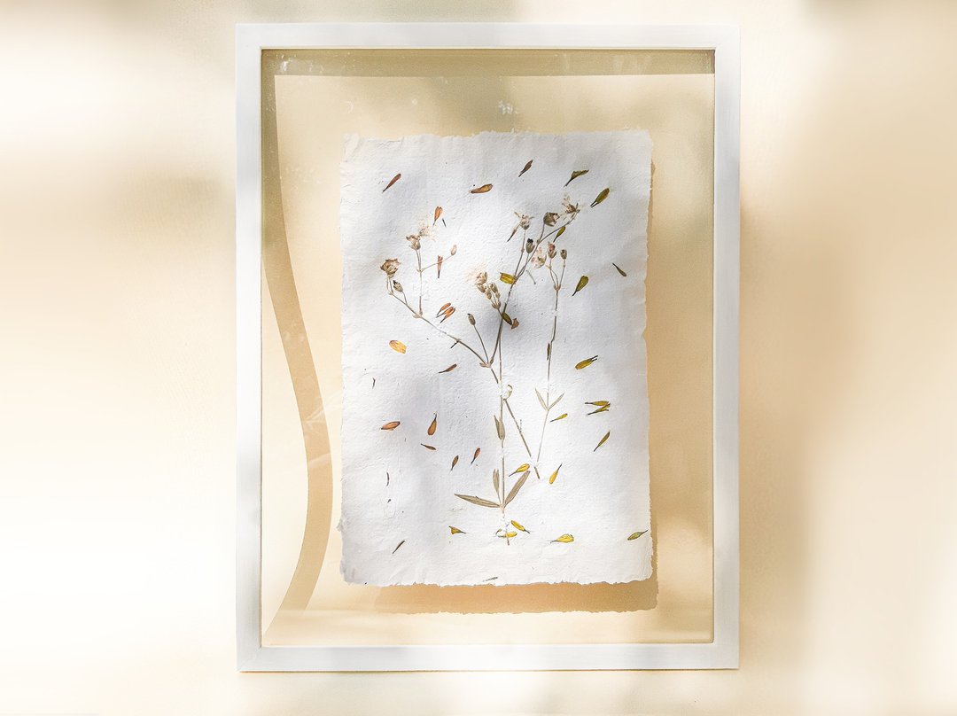 Dried flower artwork Handmade paper Original pressed flower art Recycled paper - 海报/装饰画/版画 - 植物．花 黄色
