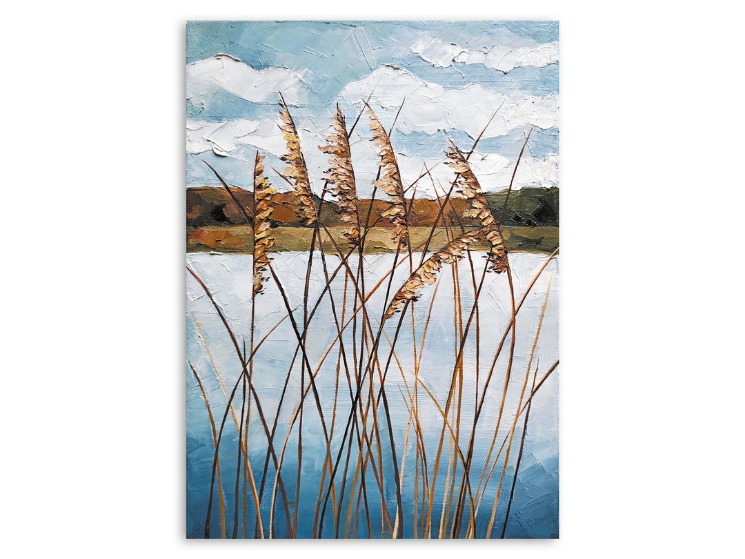 芦苇画  自然素描  手绘  原画油画  湖画 - 海报/装饰画/版画 - 其他材质 蓝色