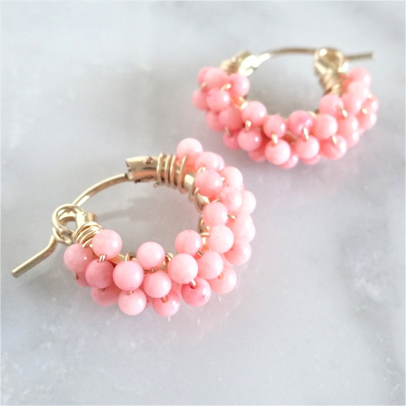 14kgf*Pink Coral pavé pierced earring / earring - 耳环/耳夹 - 宝石 粉红色