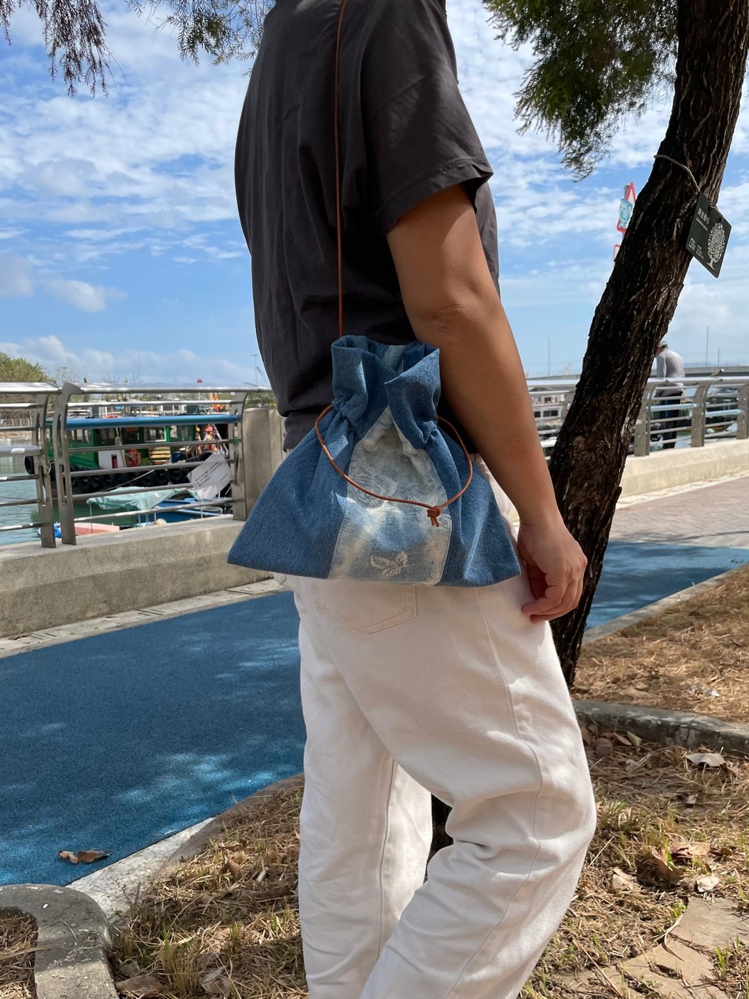 牛仔布索绳袋 - 束口袋双肩包 - 棉 